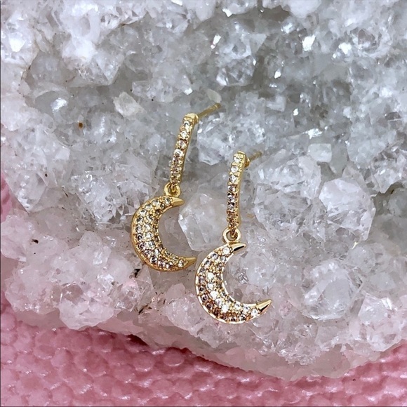 Paved Cubic Zirconia Gold Plated Moon Earrings - Picture 3 of 6